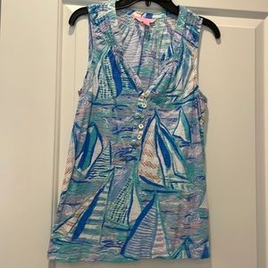 Lilly Pulitzer top. Size small. Blue, purple, white, and gold.